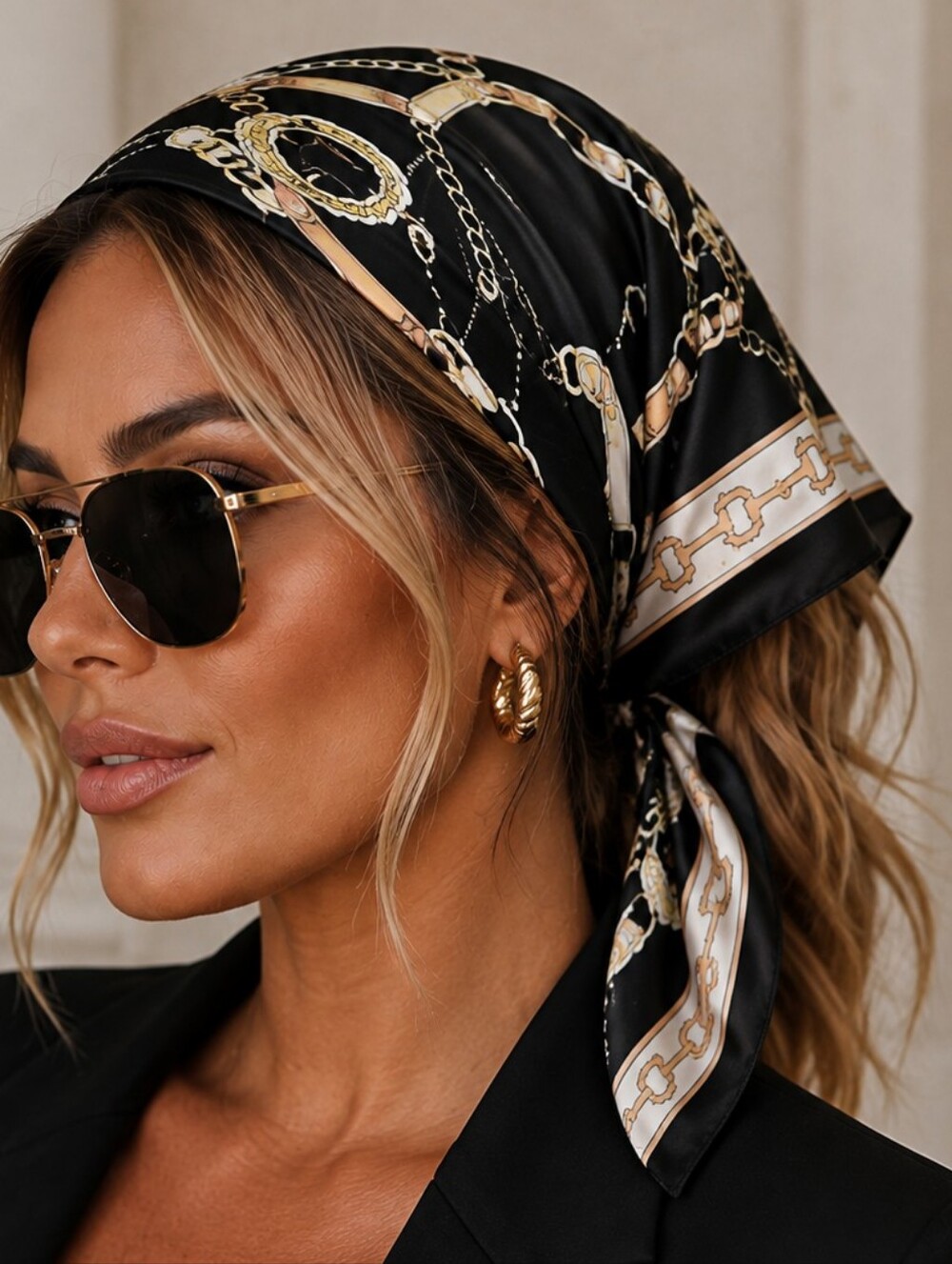 Silk-Feel Black & Gold Chain Print Headscarf